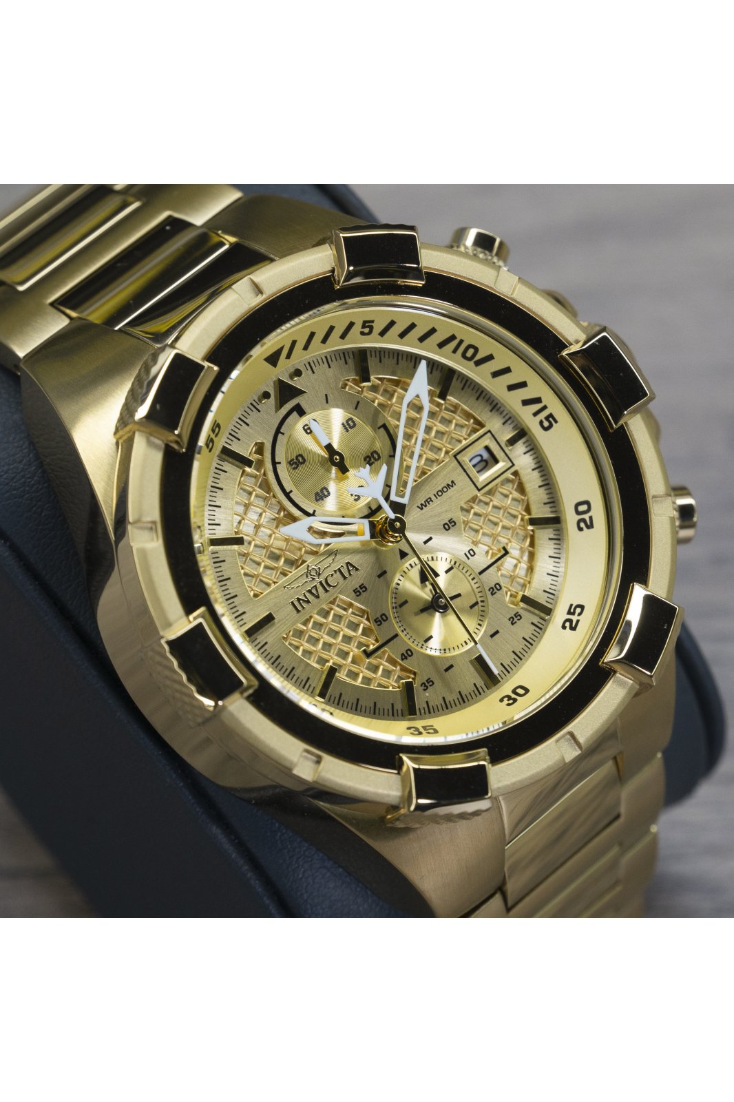 Invicta Aviator 28122 Herrenuhr - Quarzwerk - Edelstahl mit goldenem Zifferblatt - 50 mm