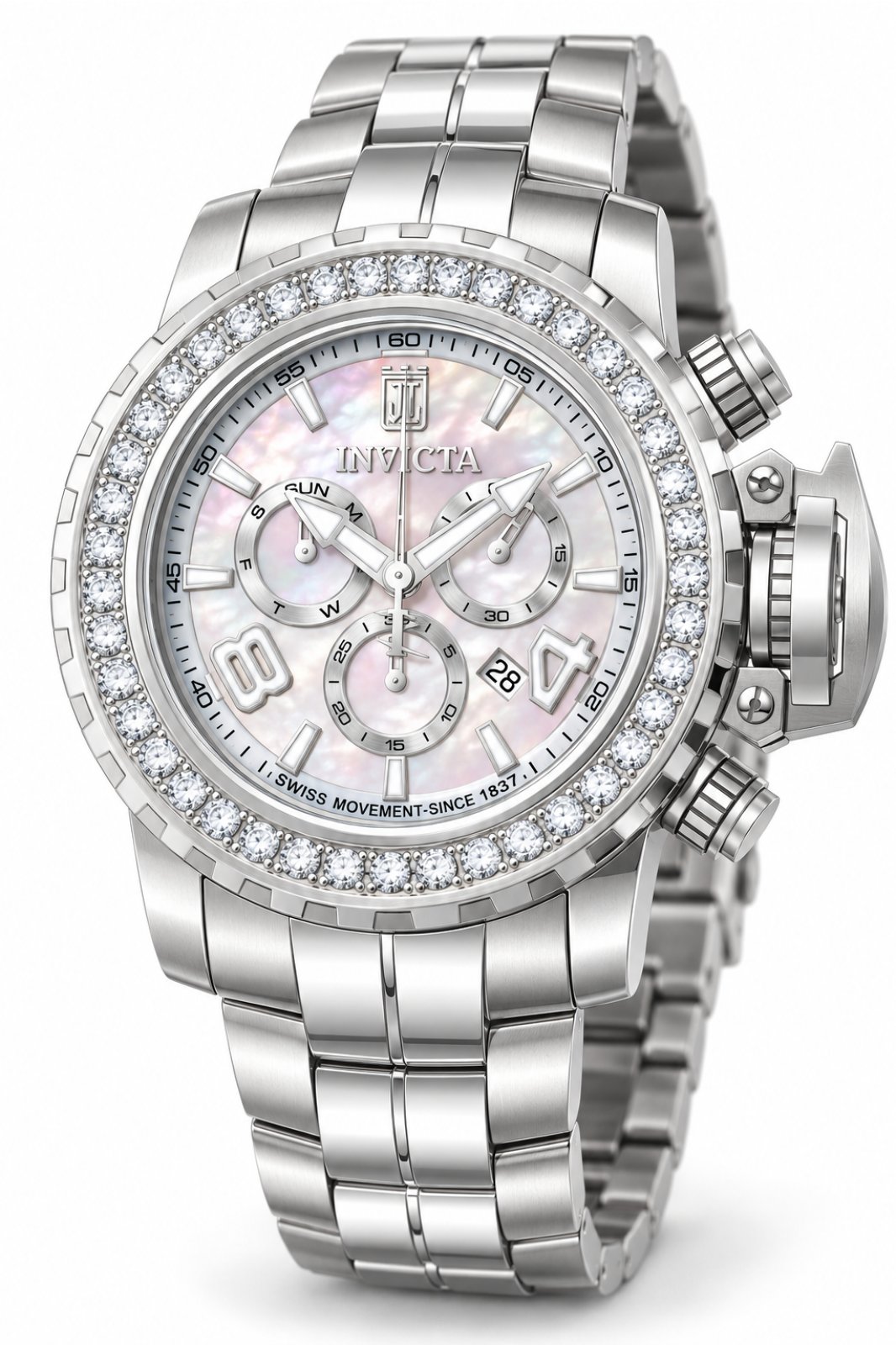 Invicta Jason Taylor 51323 Men's Watch - Quartz Movement - Stainless Steel with Pearl Dial - 58 mm - With 45 Lab Diamonds