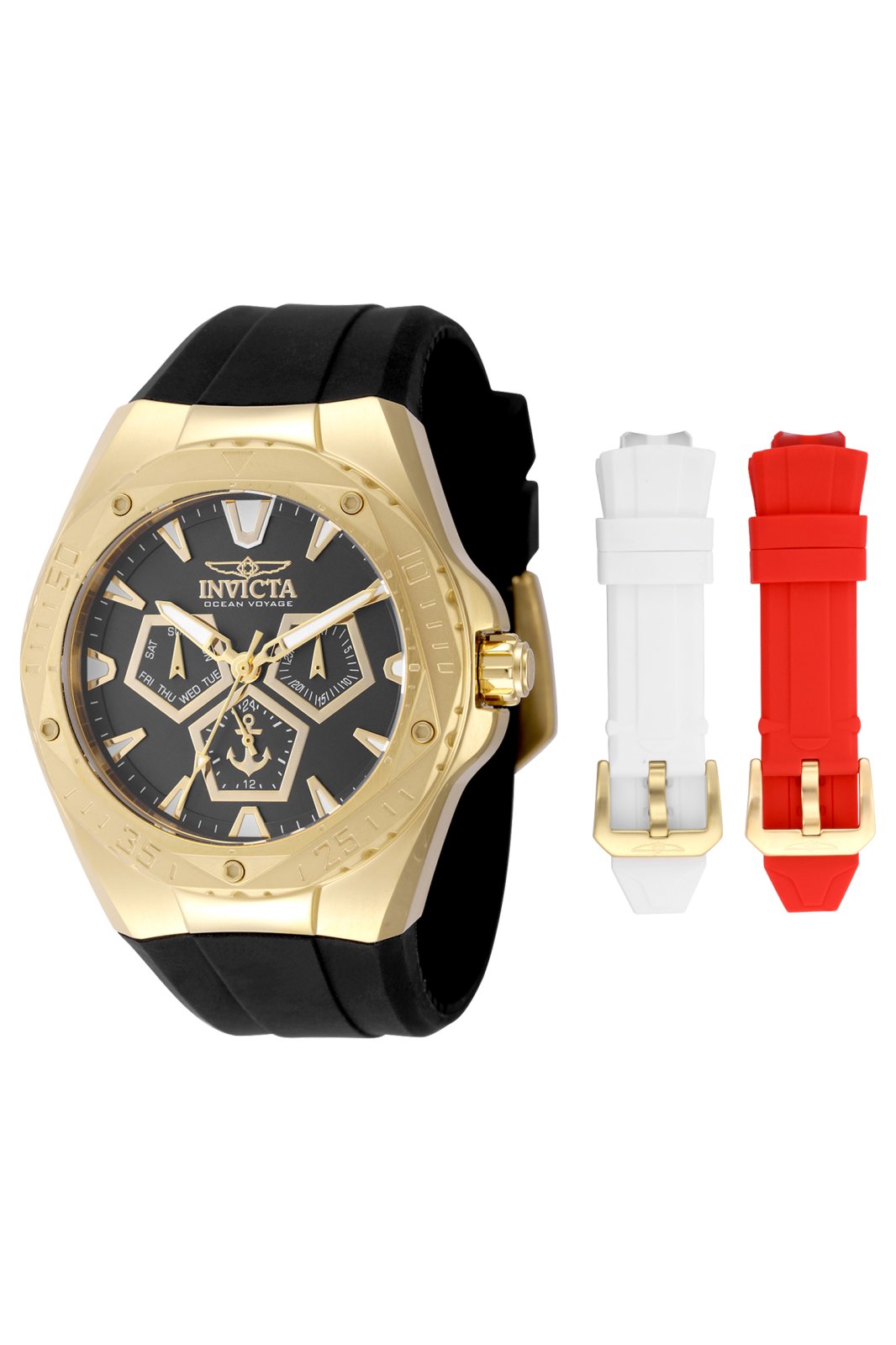 Invicta Ocean Voyage 49266 Herrenuhr - Quarzwerk - Edelstahl mit schwarzem Zifferblatt - 45 mm - mit extra Armbändern